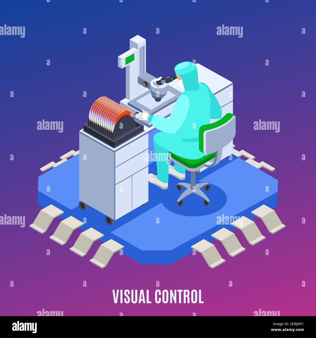 Concetto di produzione di Semicondoctor con simboli di controllo visivo illustrazione vettoriale isometrica Illustrazione Vettoriale