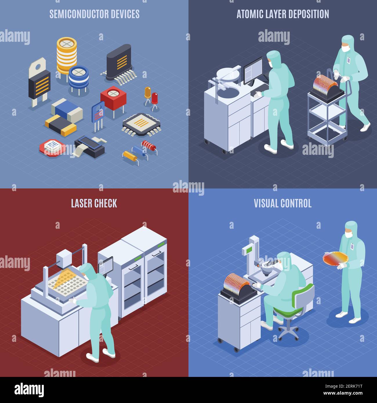 Icone di concetto di produzione di Semicondoctor impostate con simboli di controllo laser isometrici illustrazione vettoriale isolata Illustrazione Vettoriale