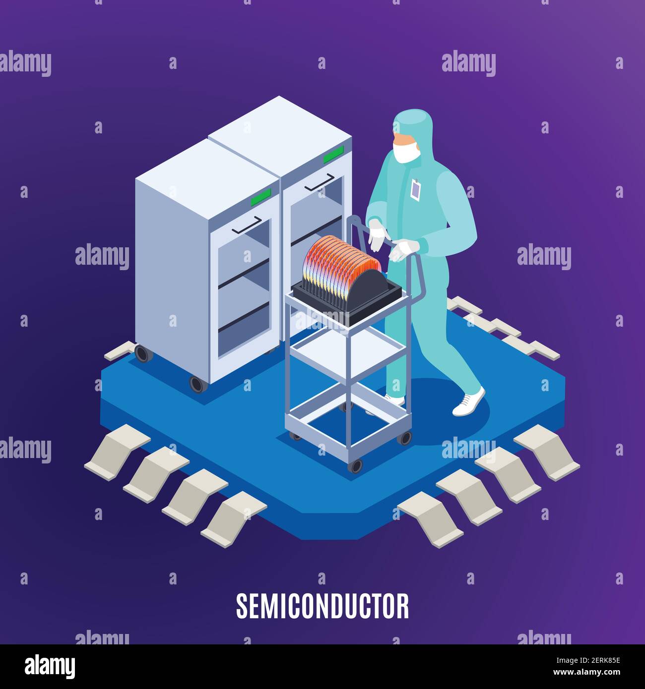 Concetto isometrico semicondoctor con tecnologia e vettore di simboli uniformi da laboratorio illustrazione Illustrazione Vettoriale