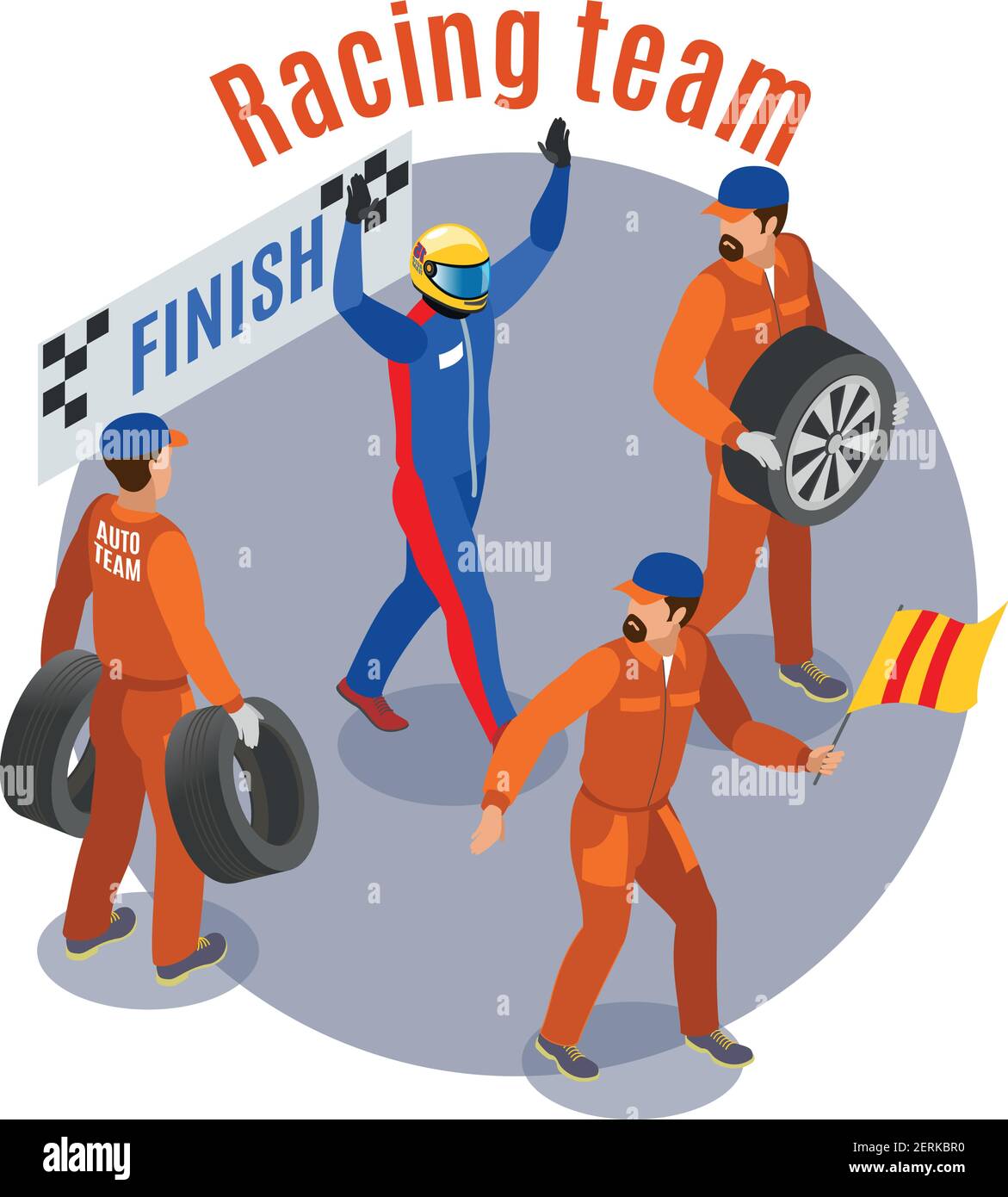 Composizione sportiva da corsa con squadra da corsa al traguardo simboli isometrici illustrazione vettoriale Illustrazione Vettoriale