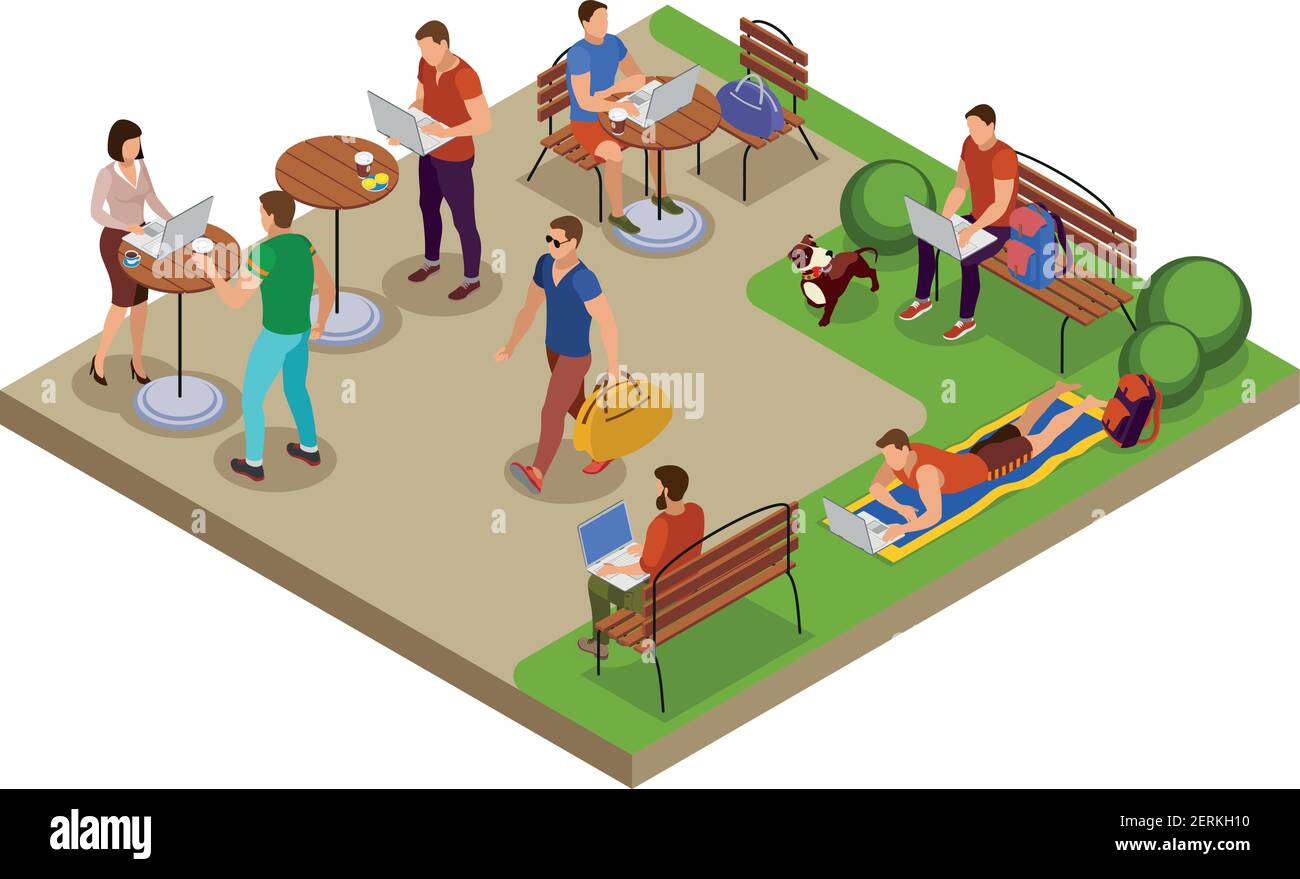 Freelance composizione isometrica tipica della giornata estiva con posto di lavoro all'aperto immagine vettoriale del tavolo del caffè del prato del parco cittadino Illustrazione Vettoriale