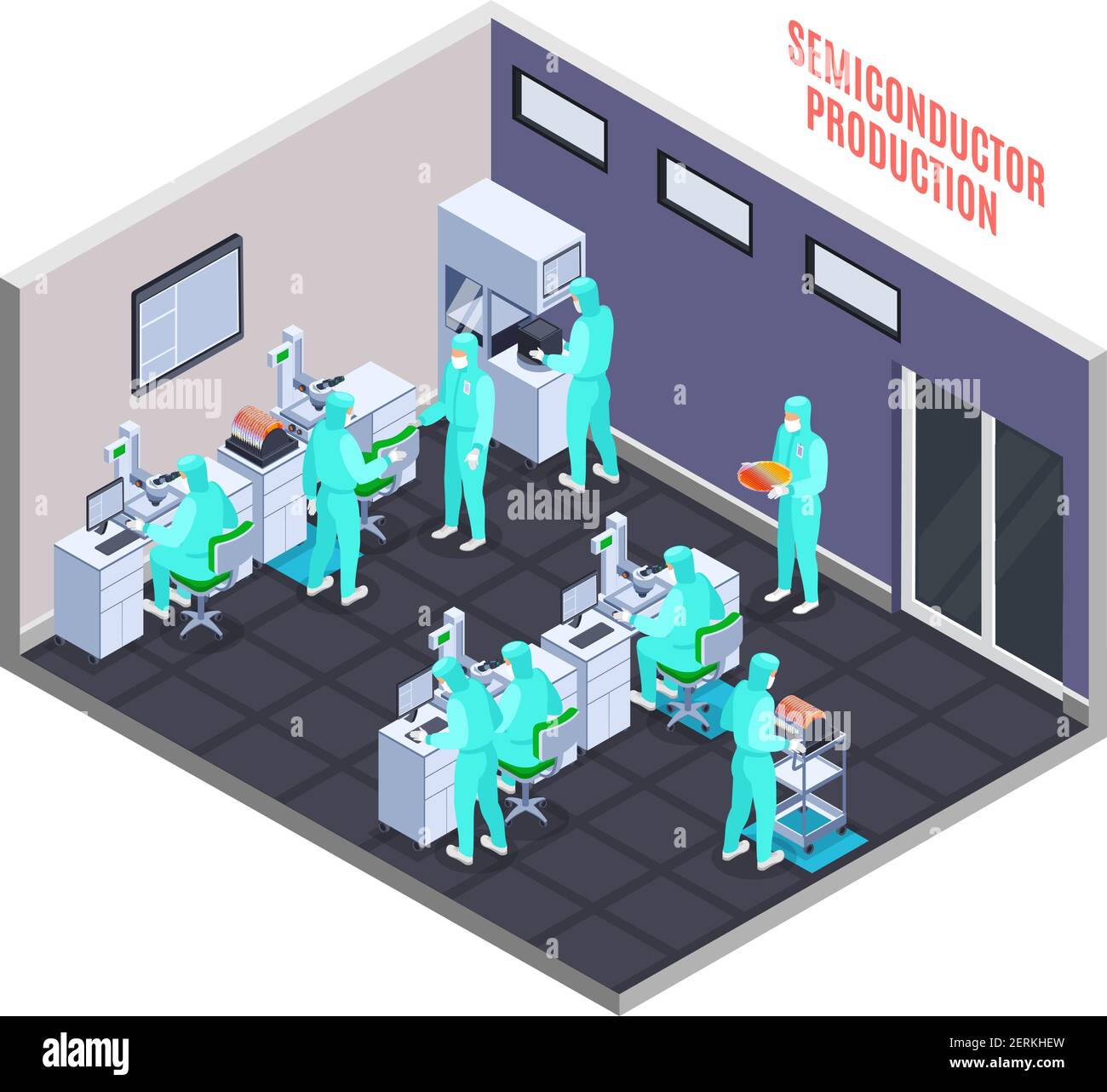 Concetto di produzione di Semicondoctor con tecnologia e simboli scientifici vettore isometrico illustrazione Illustrazione Vettoriale
