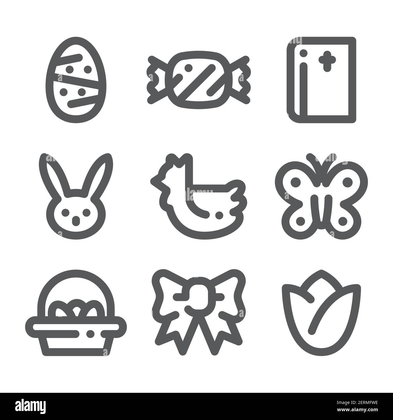 Set di icone di pasqua felice. Stile lineare e lineare grassetto. Illustrazione Vettoriale