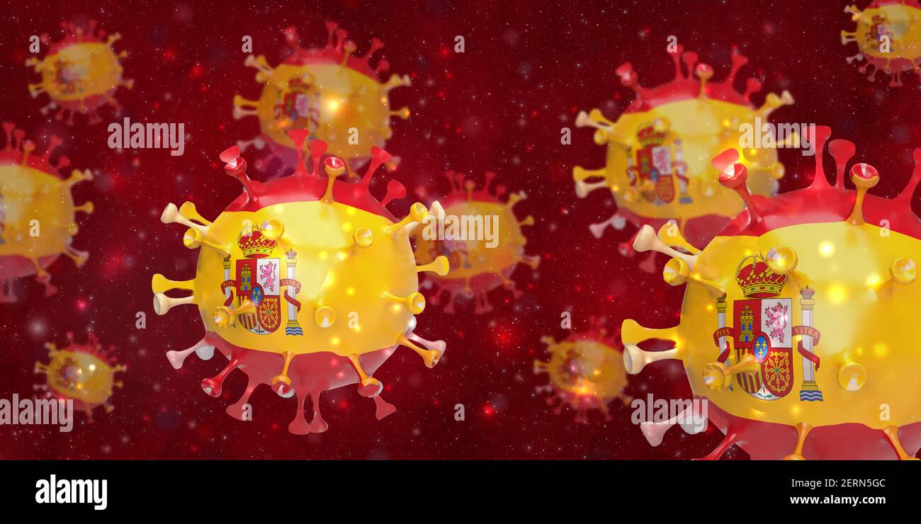 Crisi sanitaria globale in Covid-19 e concetto di vaccino: 3d rese cellule di coronavirus con bandiera spagnola fluttuante in background sangue Foto Stock