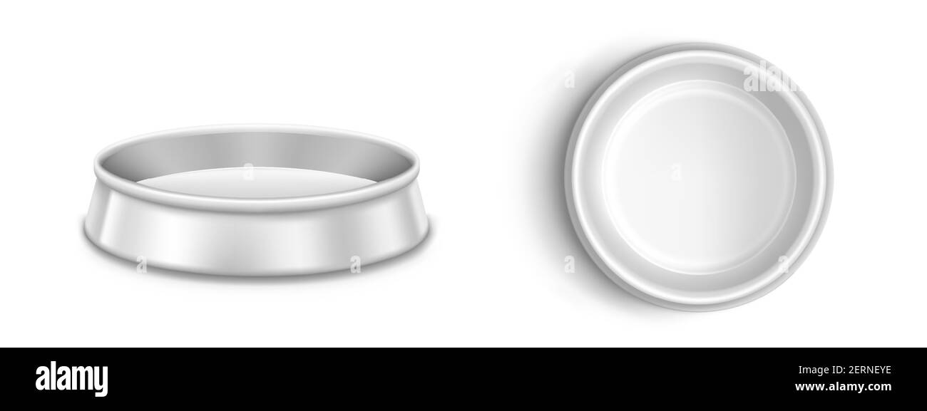 Ciotola in metallo per animali domestici, piastra per cani o gatti nella vista frontale e dall'alto. Vettore realistico mockup di lamiera bianca con acqua pulita per animali domestici isolati su sfondo bianco Illustrazione Vettoriale