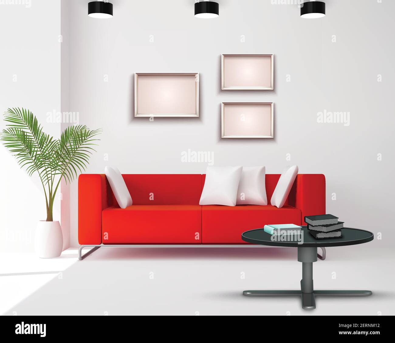 Immagine dello spazio del soggiorno con divano rosso integrato bianco nero dettagli interni illustrazione vettoriale realistica del disegno domestico Illustrazione Vettoriale