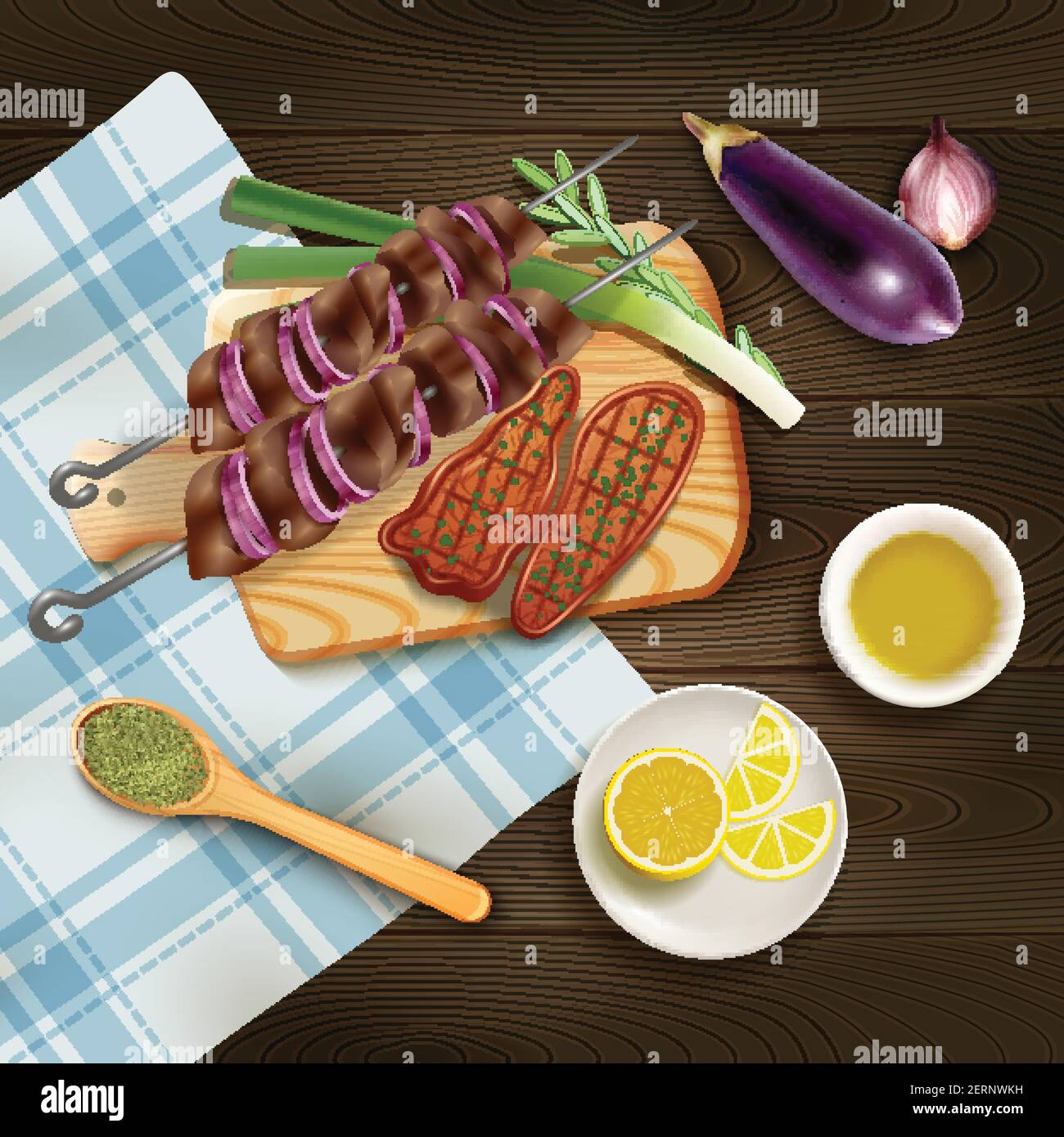 Grigliate di bistecche e kebab a bordo di un tagliere con erbe e verdure illustrazione vettoriale realistica Illustrazione Vettoriale