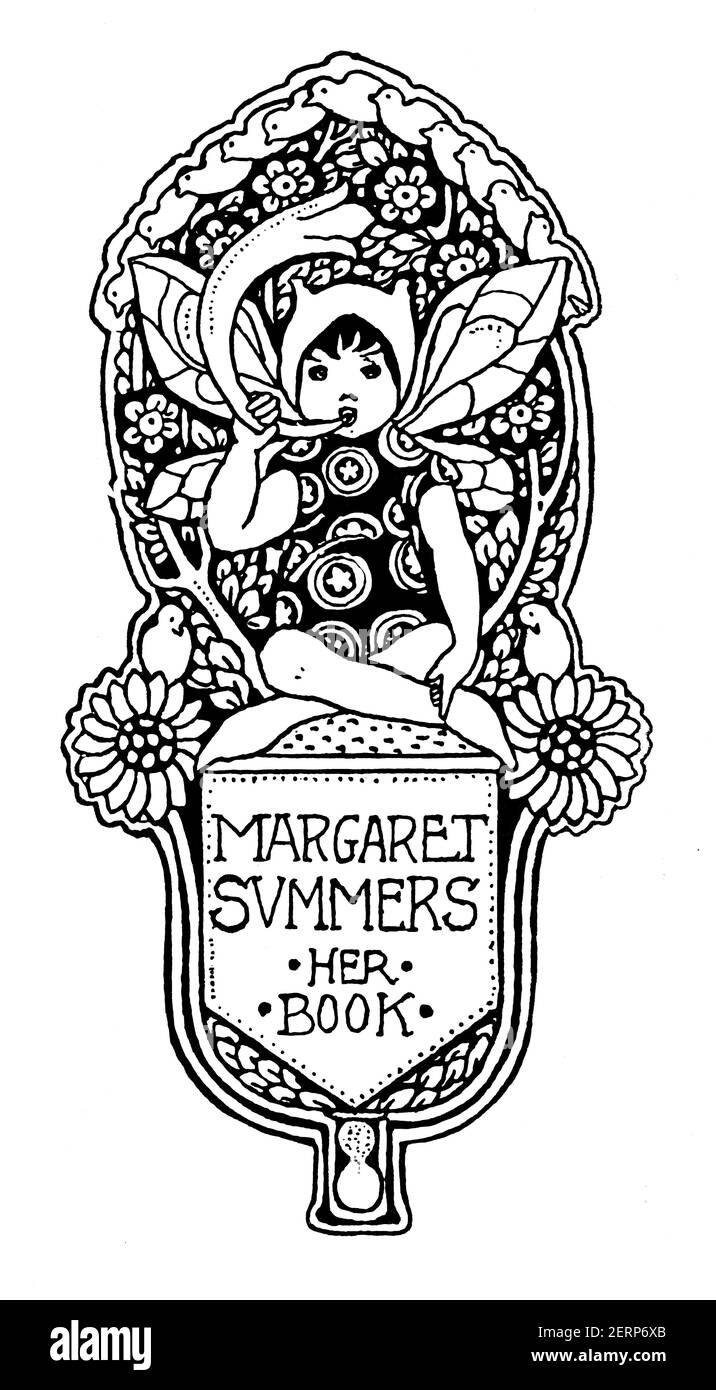 Bookplate raffigurante corno di fiaba tra fiori , per Margaret Summers, di Ethel Larcombe, illustratore e designer britannico per bambini Foto Stock