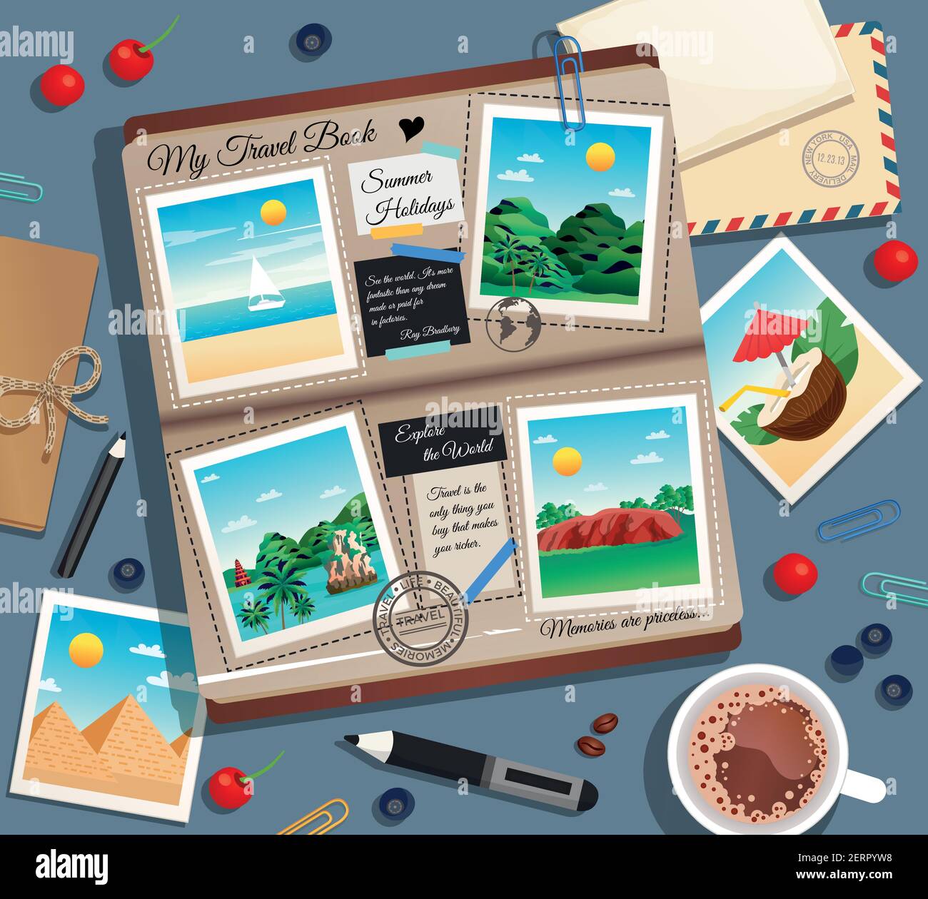Memorie di viaggio sfondo astratto con fotografie album di foto busta postale e una tazza di cartoni animati caffè illustrazione vettoriale Illustrazione Vettoriale