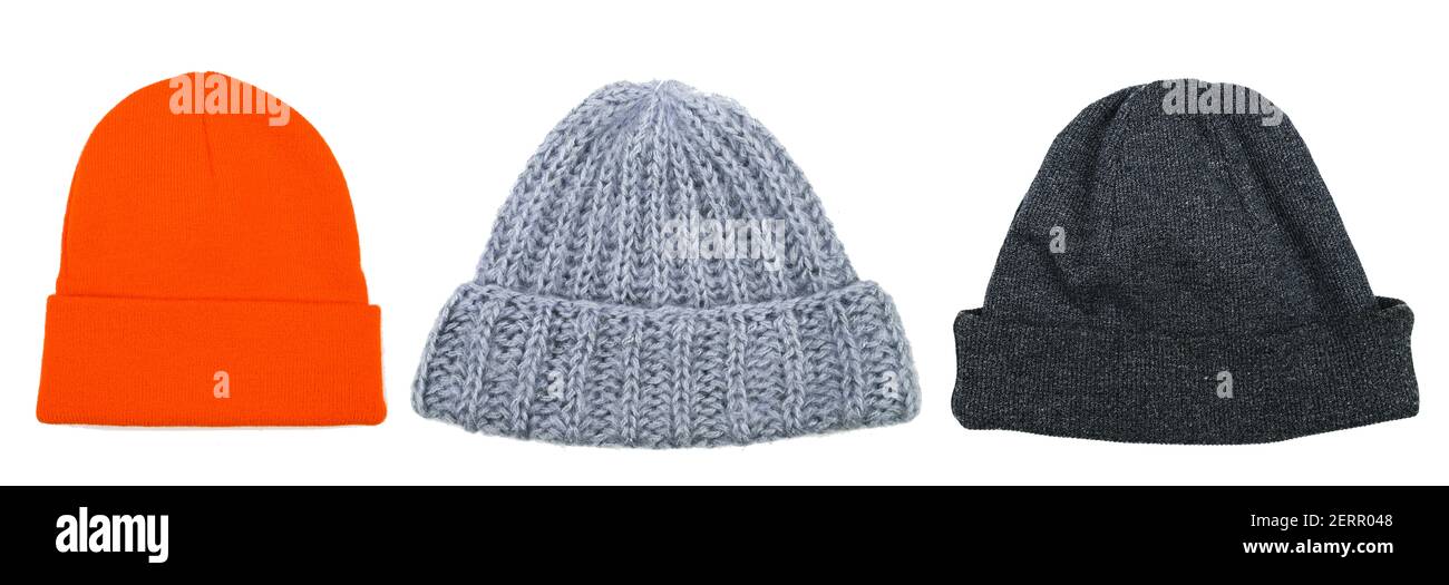 Set di cappelli a maglia, su fondo bianco isolato Foto Stock