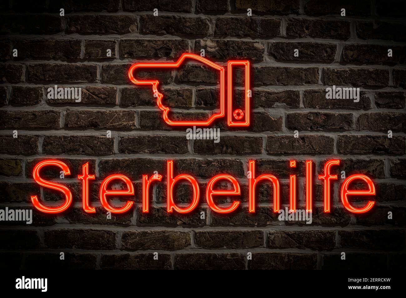 Foto di dettaglio di un cartello al neon su una parete con L'iscrizione Sterbehilfe (suicidio medicalmente assistito) Foto Stock