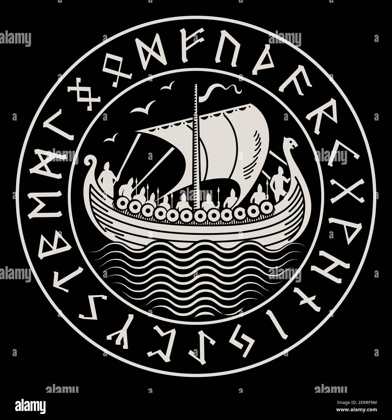 Design vichingo. Drakkar in un cerchio di antichi simboli runici scandinavi. Disegno in stile norreno antico Illustrazione Vettoriale