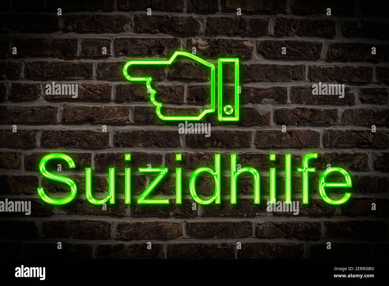 Foto di dettaglio di un cartello al neon su una parete con L'iscrizione Suizidhilfe (suicidio medicalmente assistito) Foto Stock