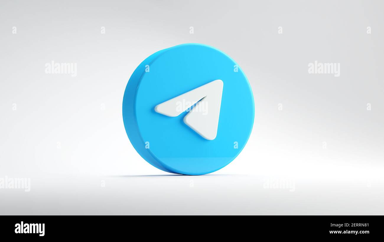 Valencia, Spagna - Febbraio, 2021: Icona dell'app telegramma isolata su sfondo bianco nel rendering 3D. Telegramma è un social network online. Sociale Foto Stock