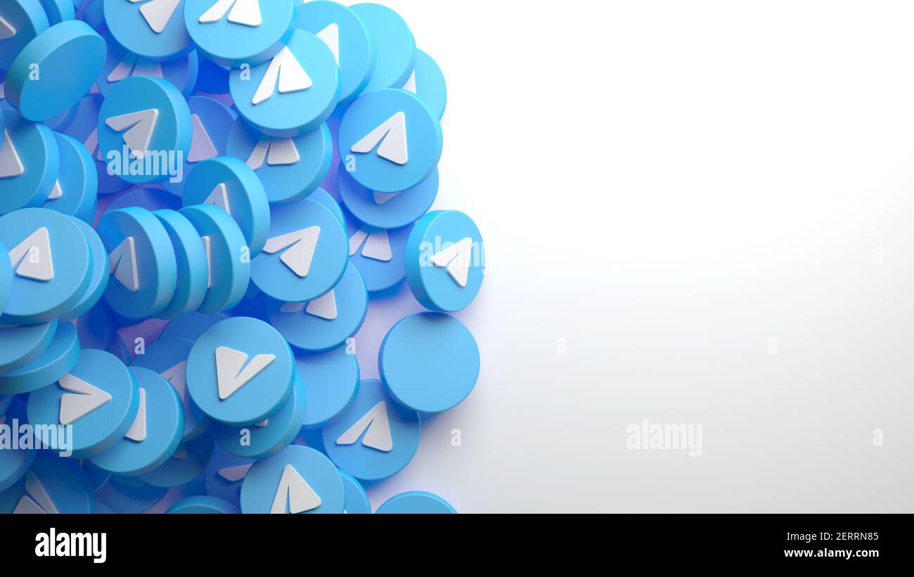 Valencia, Spagna - Febbraio, 2021: Un mucchio di icone dell'app telegram per uno sfondo nel rendering 3D. Telegramma è un social network online. Social me Foto Stock