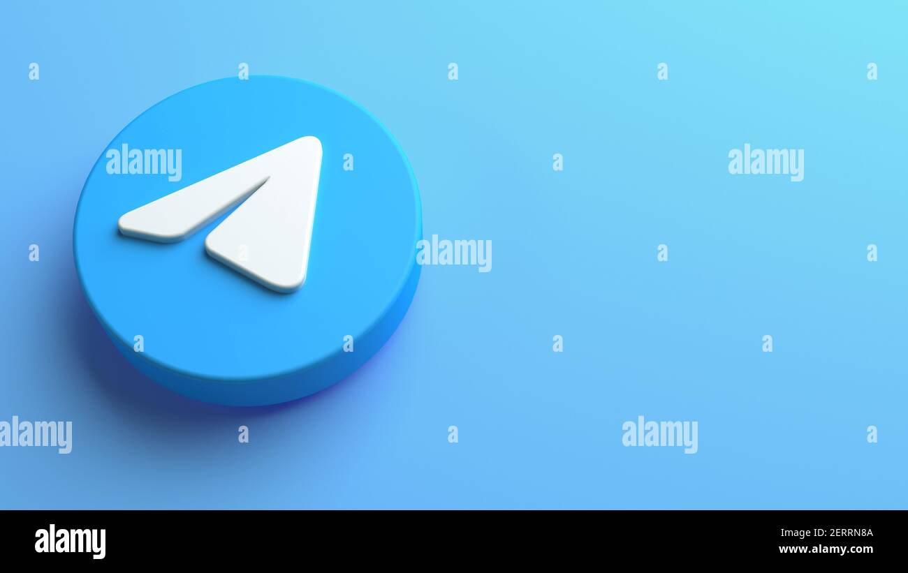 Valencia, Spagna - Febbraio, 2021: Icona dell'app telegramma isolata su sfondo blu nel rendering 3D. Telegramma è un social network online. Sociale Foto Stock