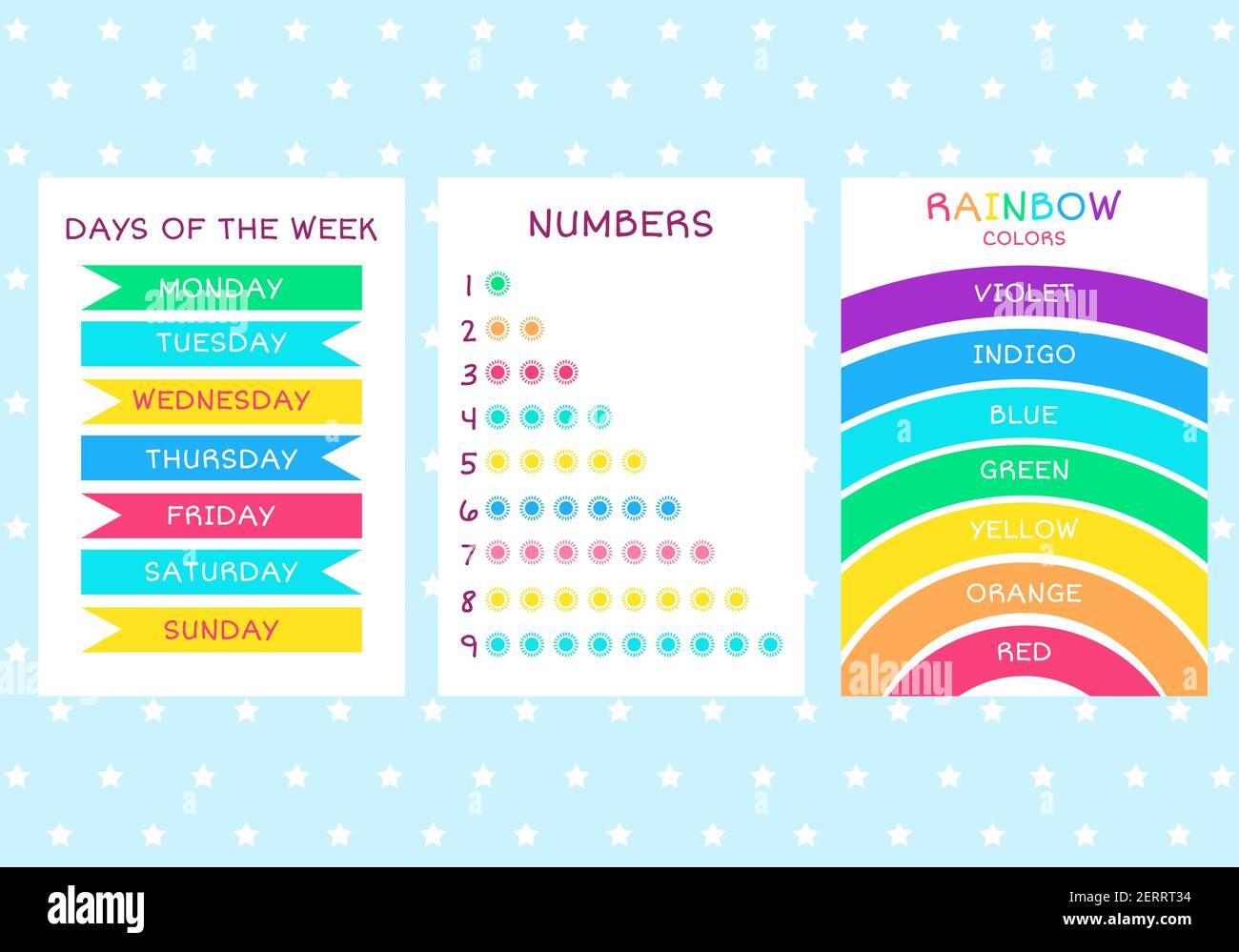 Scopri i nomi dei colori dell'arcobaleno, i giorni della settimana e i  numeri. Set di poster didattici. Carta per bambini. Raccolta di carine  schede di formazione. Ve Immagine e Vettoriale - Alamy