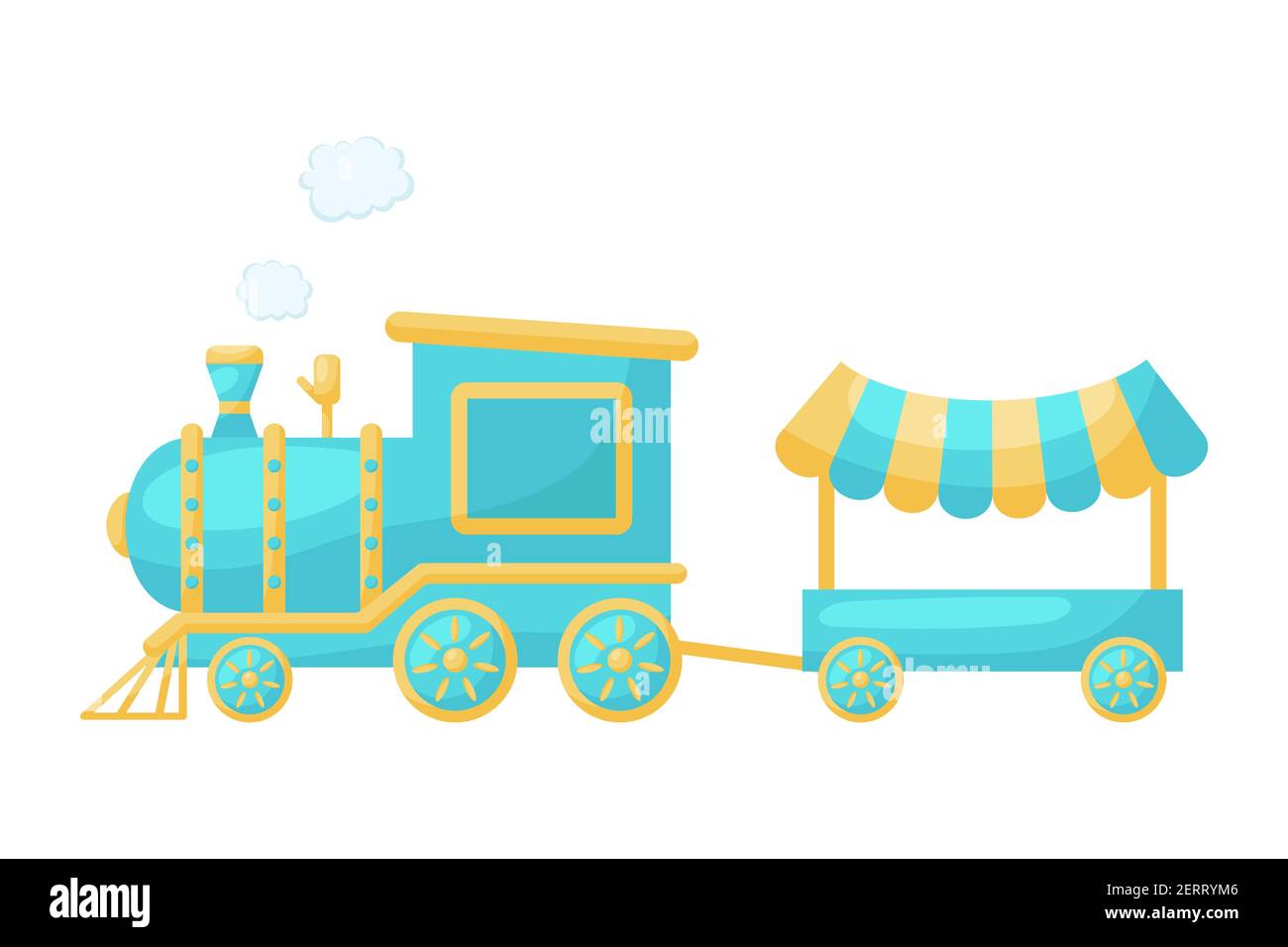 Carino treno blu con vapore su sfondo bianco. Trasporto di cartoni animati  per i bambini carte, baby doccia, invito di compleanno, interno della casa.  Chi di colore brillante Immagine e Vettoriale -