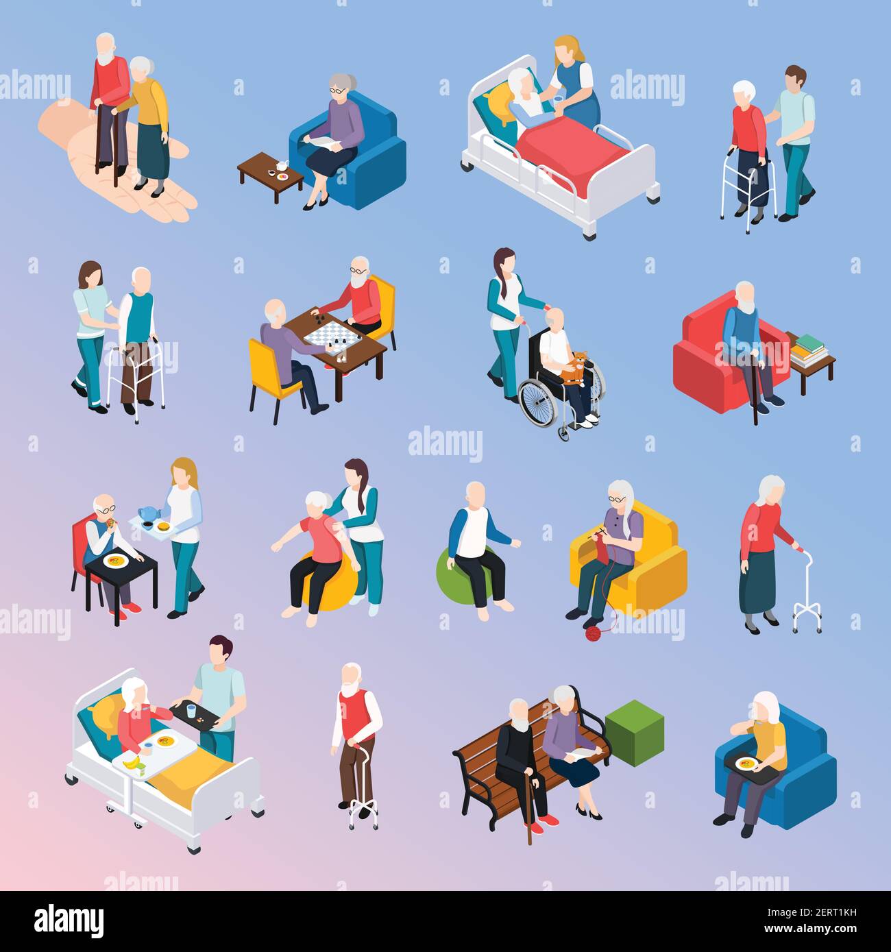 Persone anziane che allattano residenti casa icone isometriche insieme con medico cura attività fisiche assistenza tempo libero vettore illustrazione Illustrazione Vettoriale