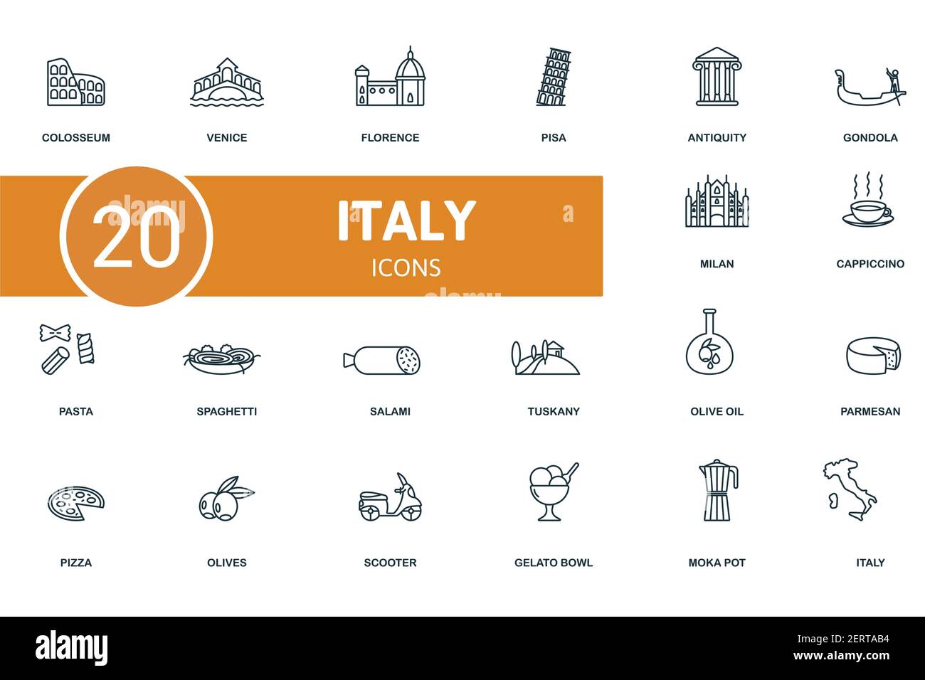 Set di icone Italia. Contiene icone modificabili tema italia come venezia, pisa, gondola e molto altro ancora. Illustrazione Vettoriale