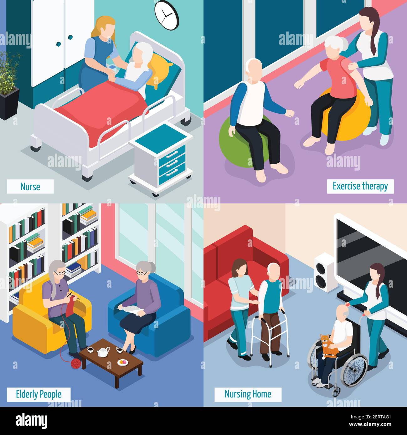 Concetto di sistemazione a casa per anziani con sala lettura per i residenti esercizio terapia medica terapia illustrazione vettoriale isolata Illustrazione Vettoriale