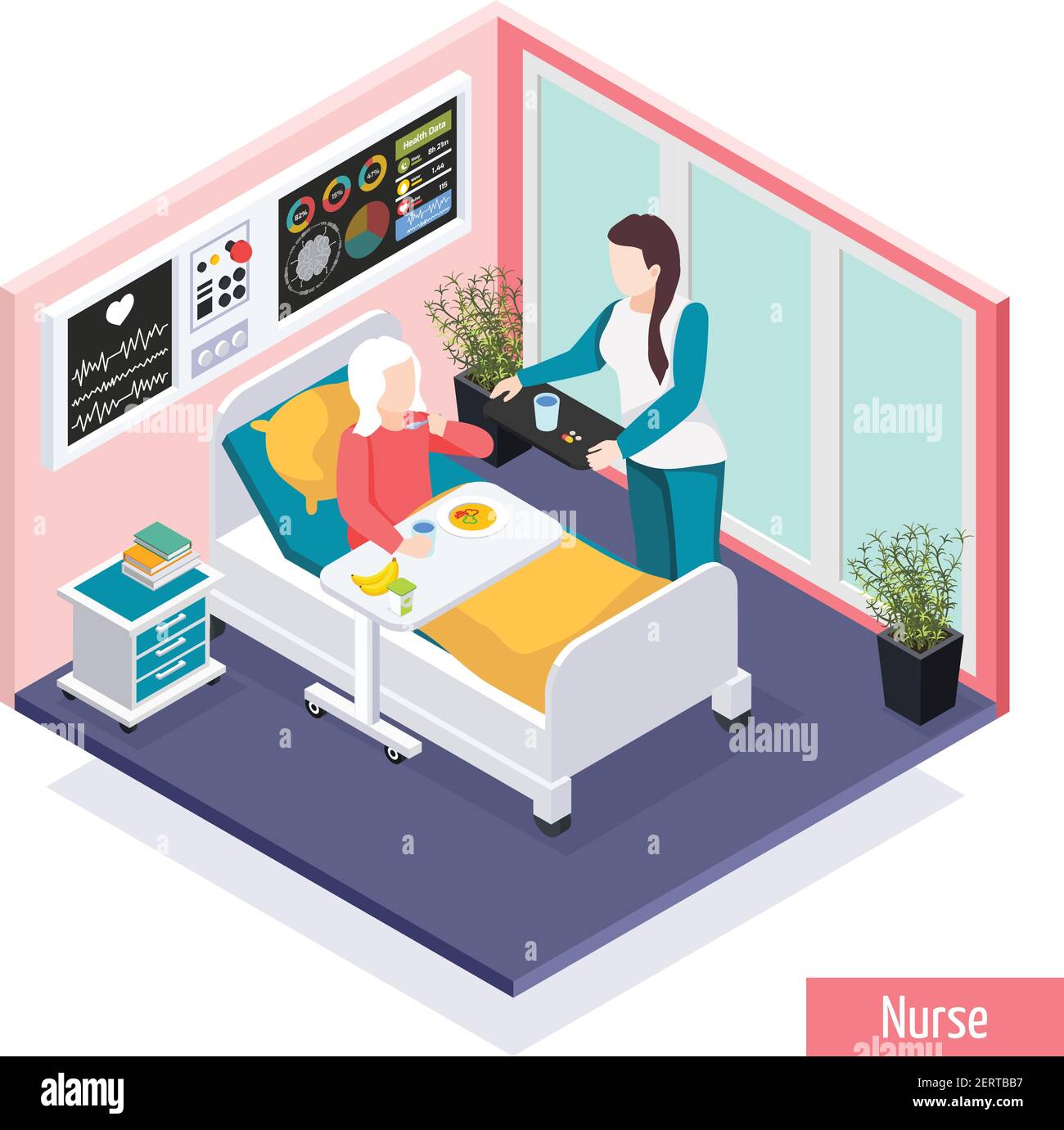 Persone anziane che allattano casa assistiti impianto di vita composizione isometrica con personale che fornisce assistenza per i residenti illustrazione vettoriale Illustrazione Vettoriale