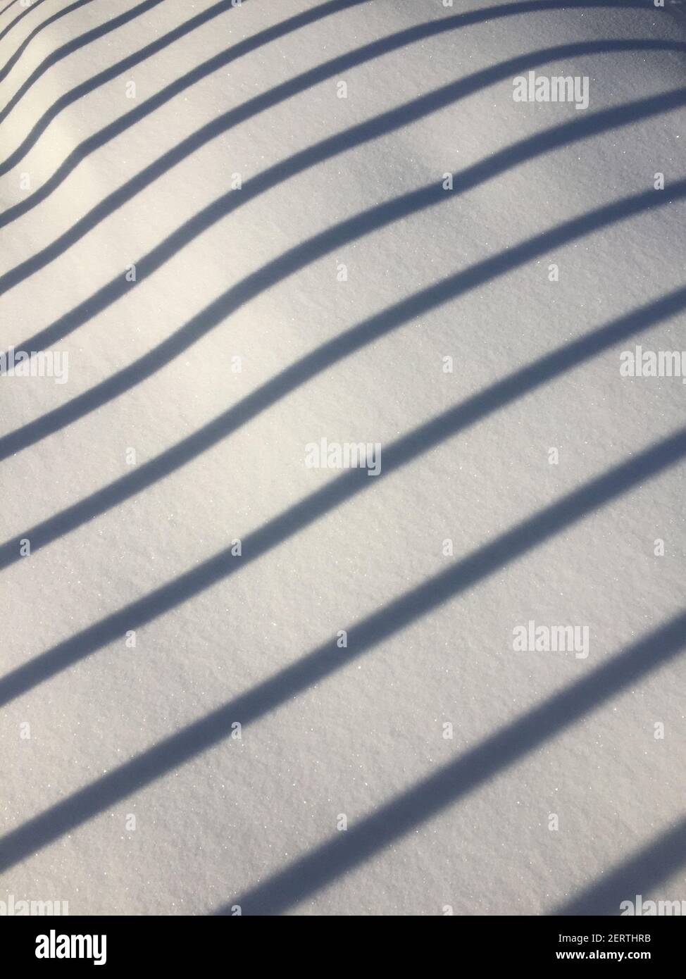 l'ombra della recinzione sulla neve in una giornata di sole. diagonali linee parallele di ombra su bianco Foto Stock