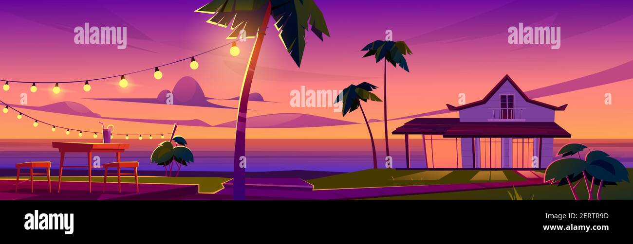Paesaggio tropicale estivo con bungalow sulla spiaggia dell'oceano, tavolo e sedie sulla terrazza al tramonto. Cartoni animati vettoriali illustrazione di vacanza esotica resort sulla riva del mare con casa e palme Illustrazione Vettoriale