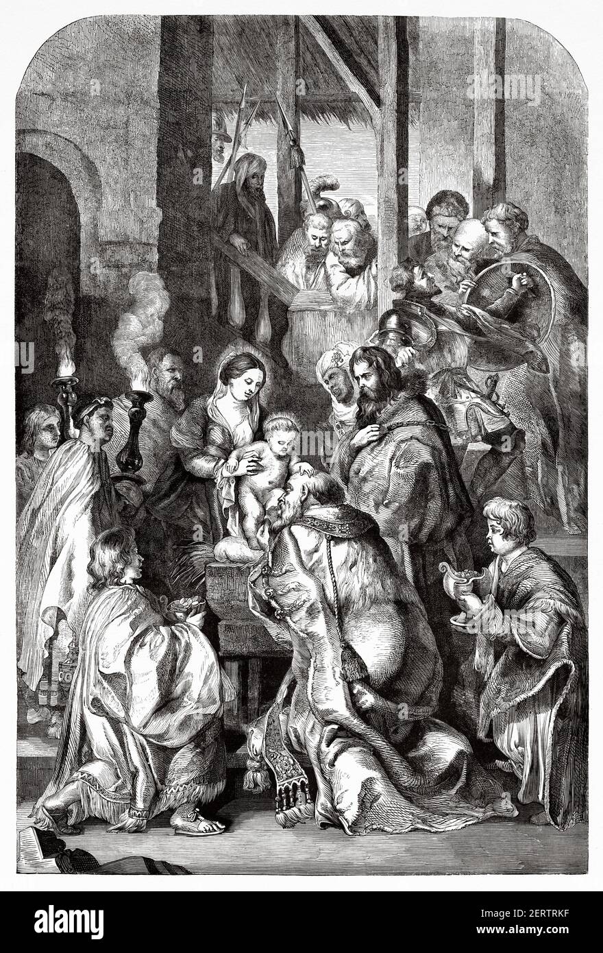 L'Adorazione dei Magi, dipinto di Peter Paul Rubens. Antica illustrazione incisa del XIX secolo, El Mundo Ilustrado 1881 Foto Stock