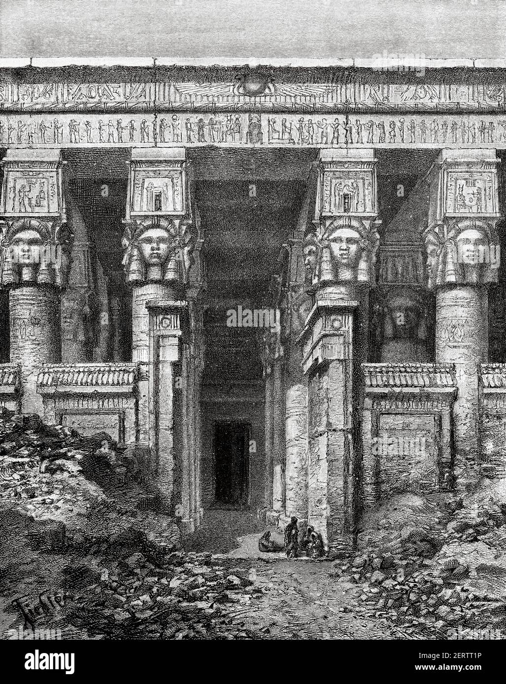 Tempio di Dendera, dedicato alla dea Hathor dell'amore e della fertilità, sesto nome dell'Egitto superiore, a sud di Abydos. Dendera, Egitto nel XIX secolo. Africa. Antica illustrazione incisa del XIX secolo, El Mundo Ilustrado 1881 Foto Stock