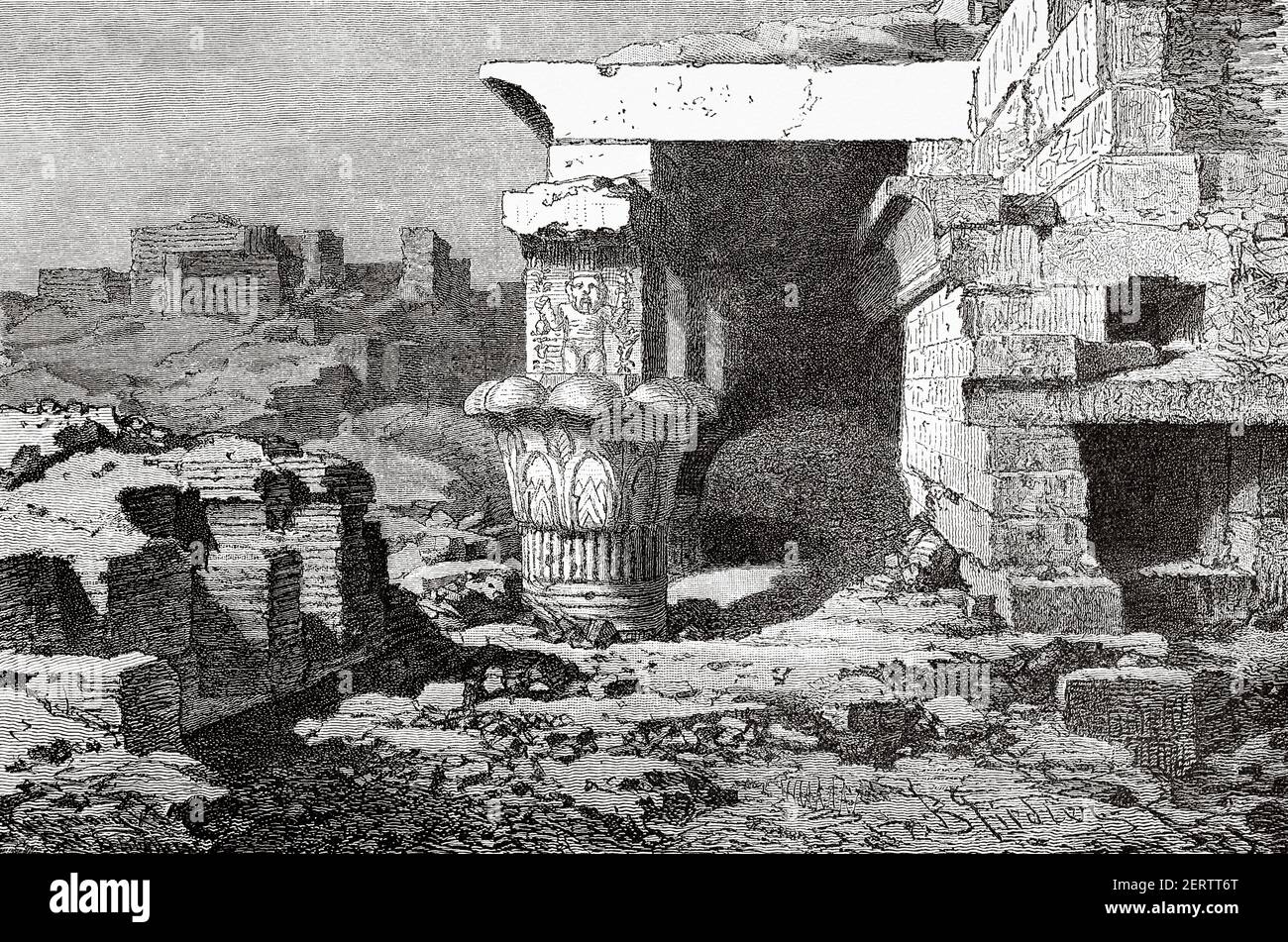 Tempio di Dendera, dedicato alla dea Hathor dell'amore e della fertilità, sesto nome dell'Egitto superiore, a sud di Abydos. Dendera, Egitto nel XIX secolo. Africa. Antica illustrazione incisa del XIX secolo, El Mundo Ilustrado 1881 Foto Stock