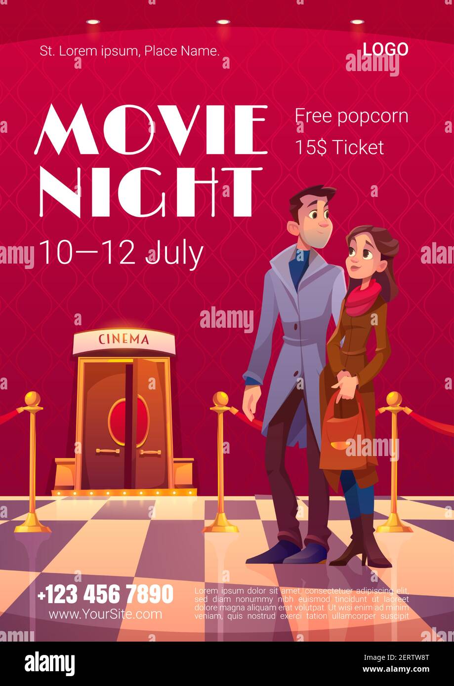 Poster della notte del film. Festival del cinema, evento notturno nel cinema. Vector Flyer con cartoni animati illustrazione di persone in sala cinema con porte aperte e recinzione rossa corda Illustrazione Vettoriale