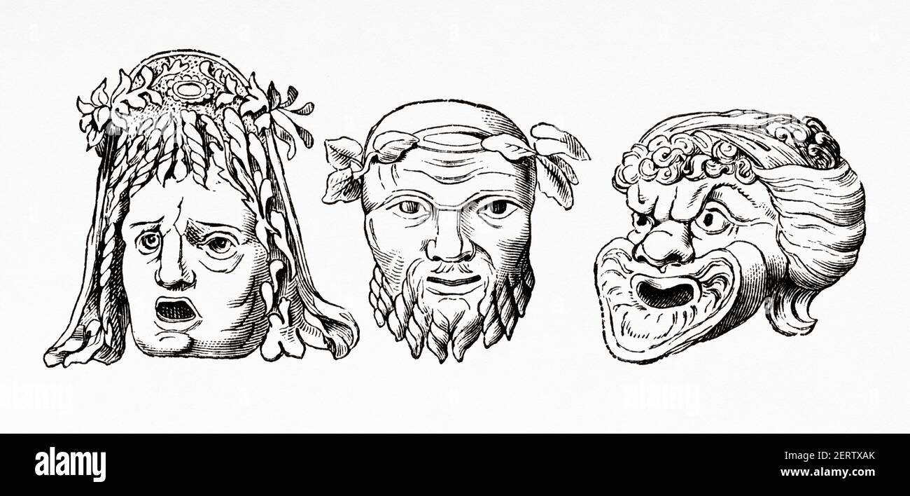 Maschere teatrali di tragedia e commedia, Roma antica, impero romano antico. Italia, Europa. Antica illustrazione incisa del XIX secolo, El Mundo Ilustrado 11 Foto stock - Alamy