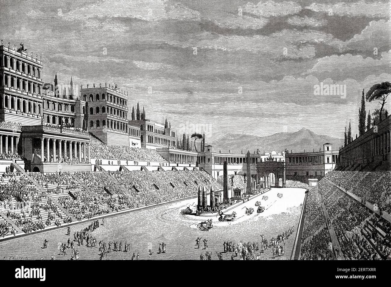 Incisione raffigurante il Circo massimo e i palazzi imperiali, antico impero romano. Italia, Europa. Antica illustrazione incisa del XIX secolo, El Mundo Ilustrado 1881 Foto Stock