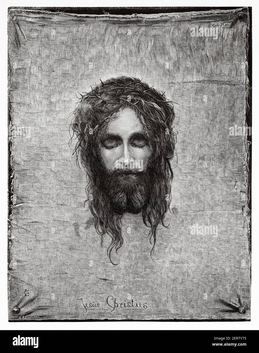 Il velo di Veronica, o Sudarium. Antica illustrazione incisa del XIX secolo, El Mundo Ilustrado 1881 Foto Stock Il velo di Veronica, o Sudarium. Antica illustrazione incisa del XIX secolo, El Mundo Ilustrado 1881 Foto Stock