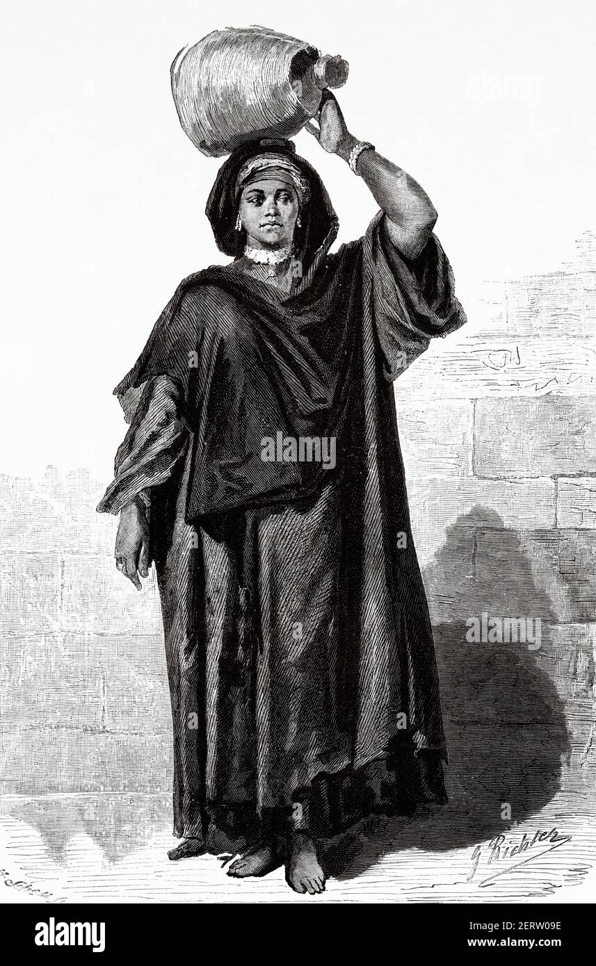 Donna Fellah, Egitto nel XIX secolo. Africa. Antica illustrazione incisa del XIX secolo, El Mundo Ilustrado 1881 Foto Stock