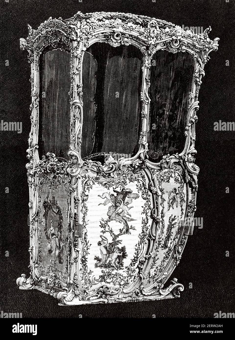 Sedan sedia dal tempo di Luigi XV, Francia. Europa. Antica illustrazione incisa del XIX secolo, El Mundo Ilustrado 1881 Foto Stock