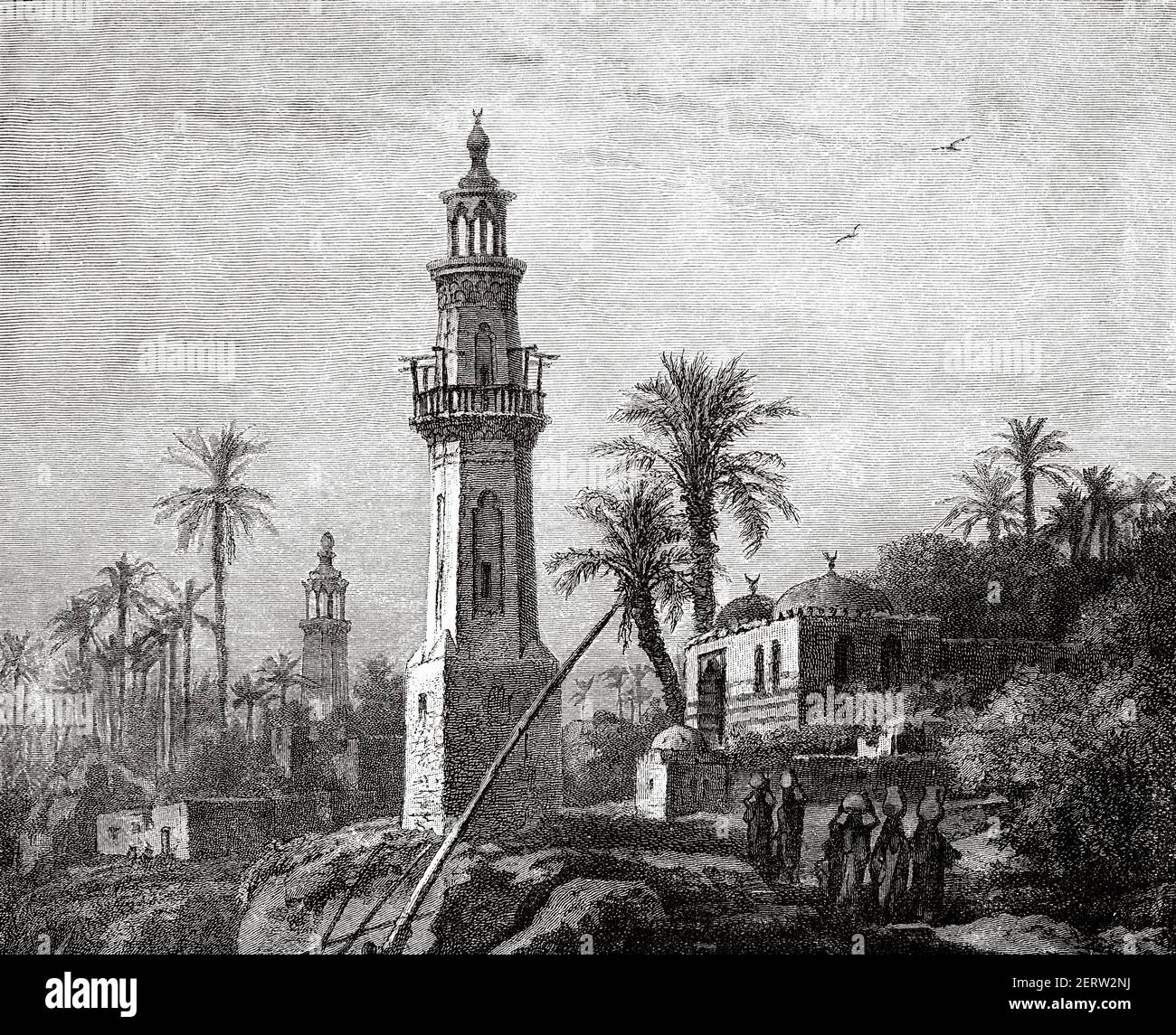 Vista generale della città egiziana di Manfalut, Egitto 19 ° secolo. Illustrazione incisa del vecchio XIX secolo, El Mundo Ilustrado 1880 Foto Stock