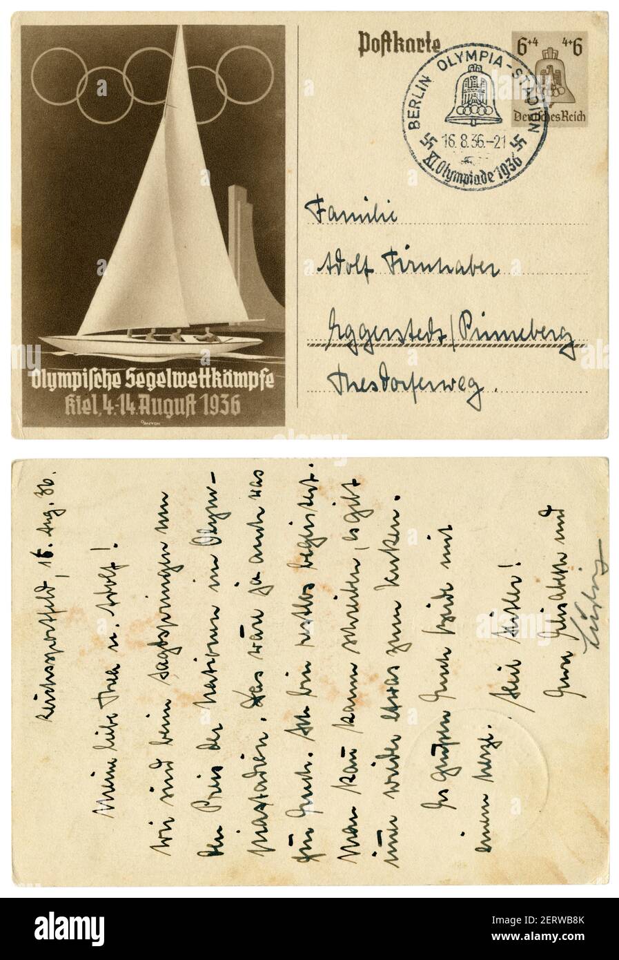 German Historical cartolina postale: XI Giochi Olimpici Estivi 1936 a Berlino, sport acquatici, città Kiel, yacht, cancellazione speciale, Germania, Terzo Reich Foto Stock