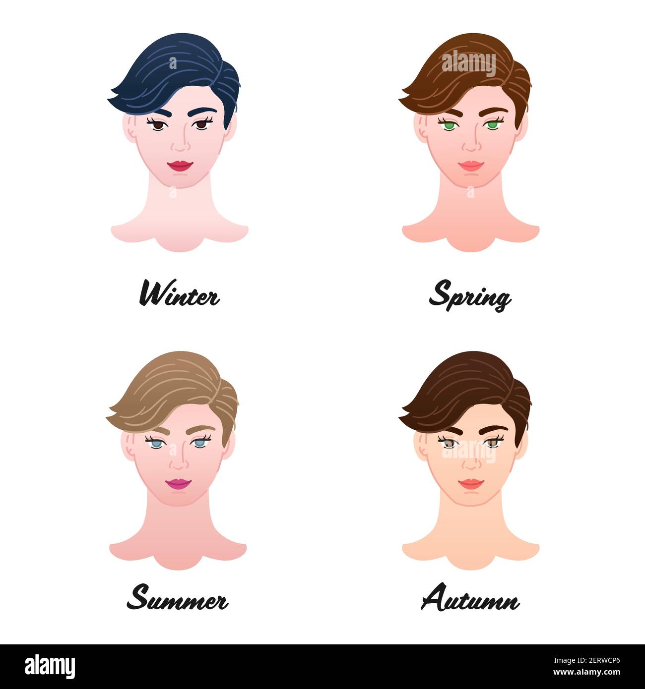 12 colori stagionali. Quattro tipi di colore di apparenze di donne di capelli corti. Inverno, Primavera, Estate e Autunno - insieme di teste di signora isolate vettoriali Illustrazione Vettoriale