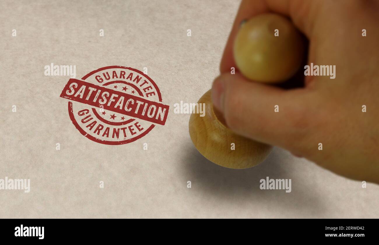 Garanzia di soddisfazione timbro e stampigliatura a mano. Servizio di affari, concetto soddisfatto e soddisfatto del cliente. Foto Stock