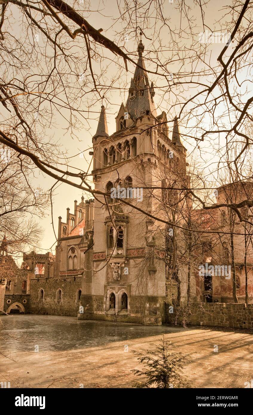 Rovine di Schaffgotsch palazzo su stagno congelato in inverno, villaggio di Kopice, vicino alla città di Grodkow, alta Slesia regione, Opolskie, Polonia Foto Stock