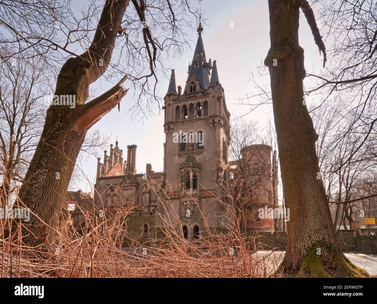 Rovine del palazzo di Schaffgotsch nel villaggio di Kopice, in inverno, vicino alla città di Grodkow, regione alta Slesia, Opolskie, Polonia Foto Stock