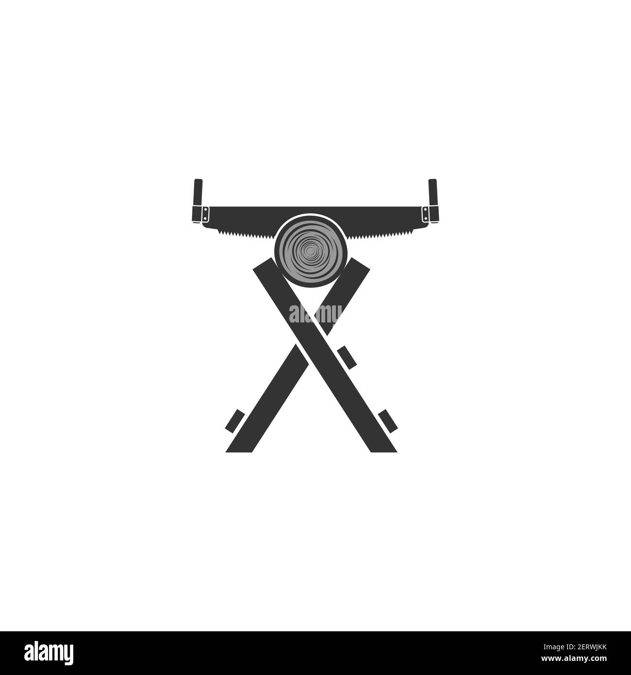 Icona vettoriale di segatura di tronchi su una capra di legno. Un utensile con molti denti per segare legno. Illustrazione Vettoriale