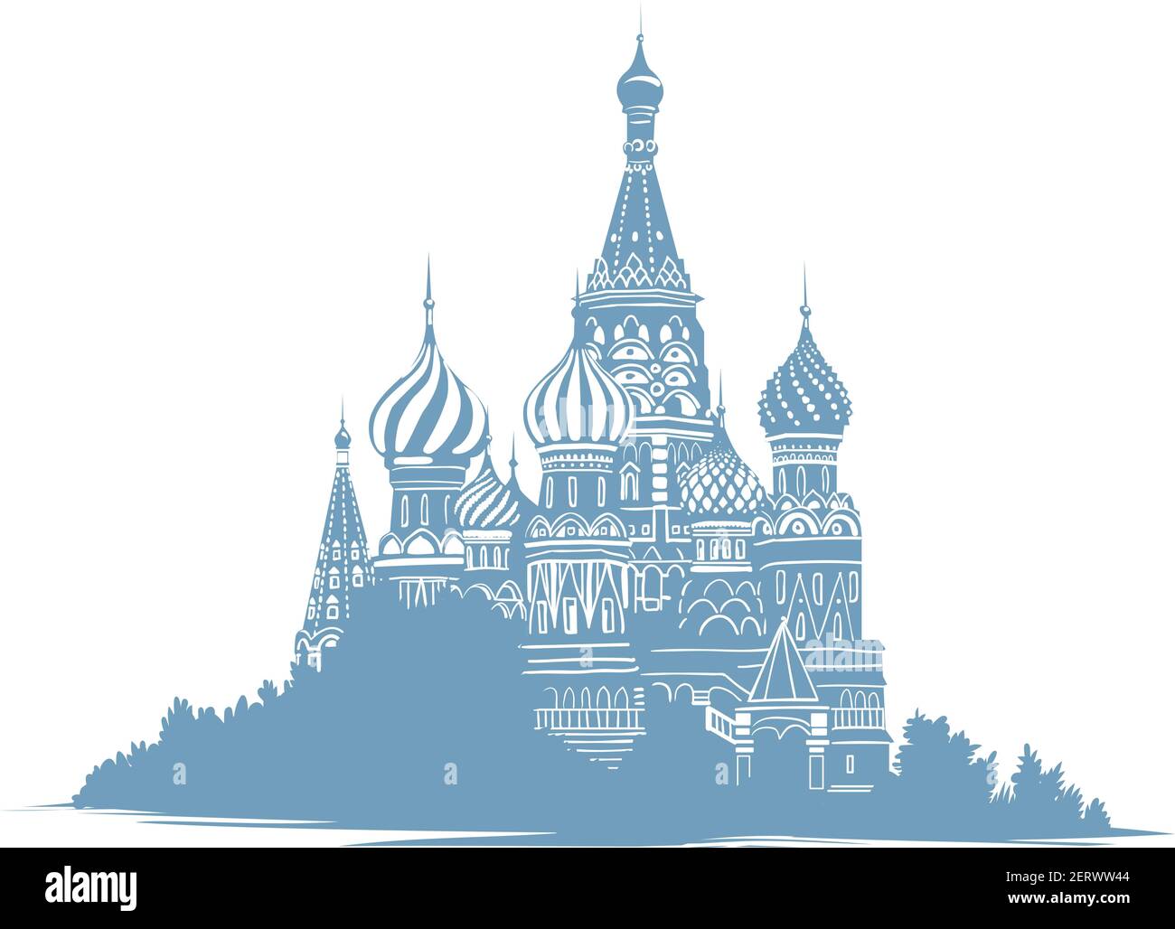 Illustrazione disegnata a mano della Cattedrale di San Basile a Mosca, Russia. Luoghi di interesse russi. Chiesa ortodossa. Silhouette monocromatica in blu su Illustrazione Vettoriale