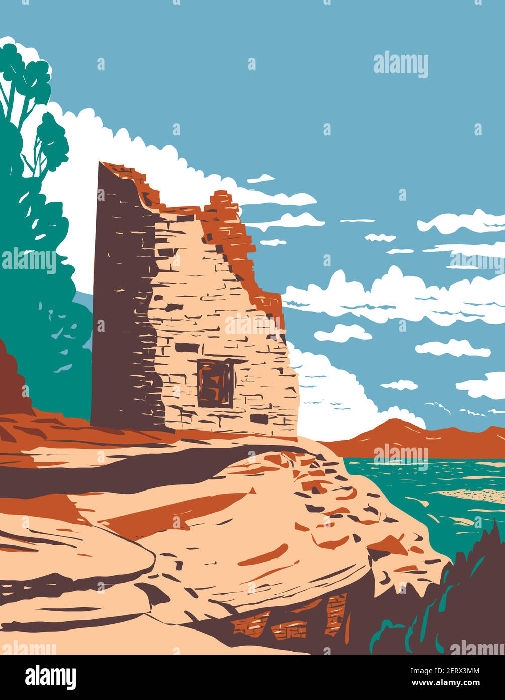 WPA poster arte del Pueblo a mano dipinta nel Canyon degli Ancients National Monument nel sud-ovest del Colorado, Stati Uniti in opere progetto amministrazione Illustrazione Vettoriale