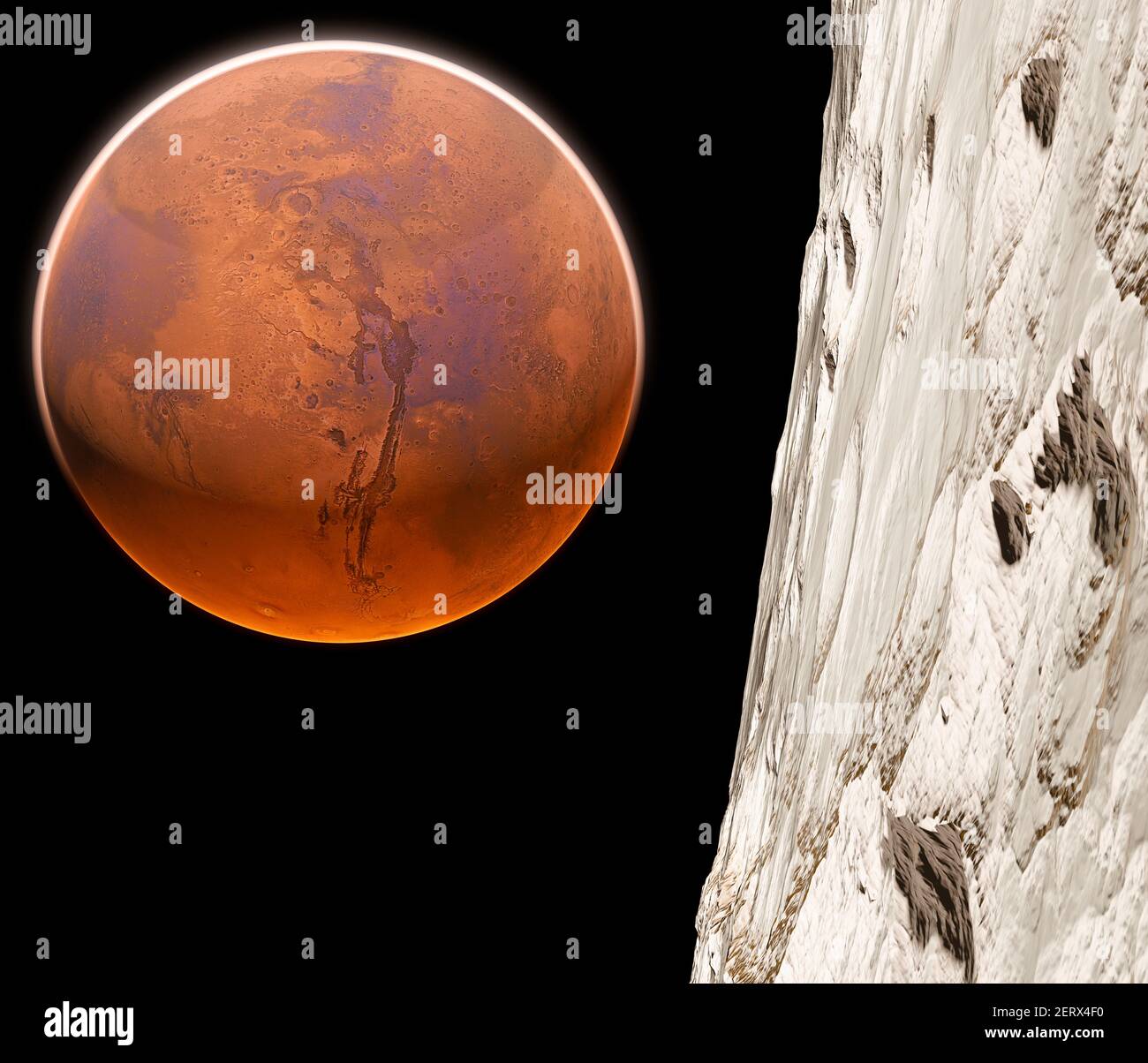 Vista di Marte visto da Phobos, Deimos le due lune di Marte, satelliti naturali che orbitano intorno al pianeta Rosso. Esplorazione. Scoperte. rendering 3d Foto Stock