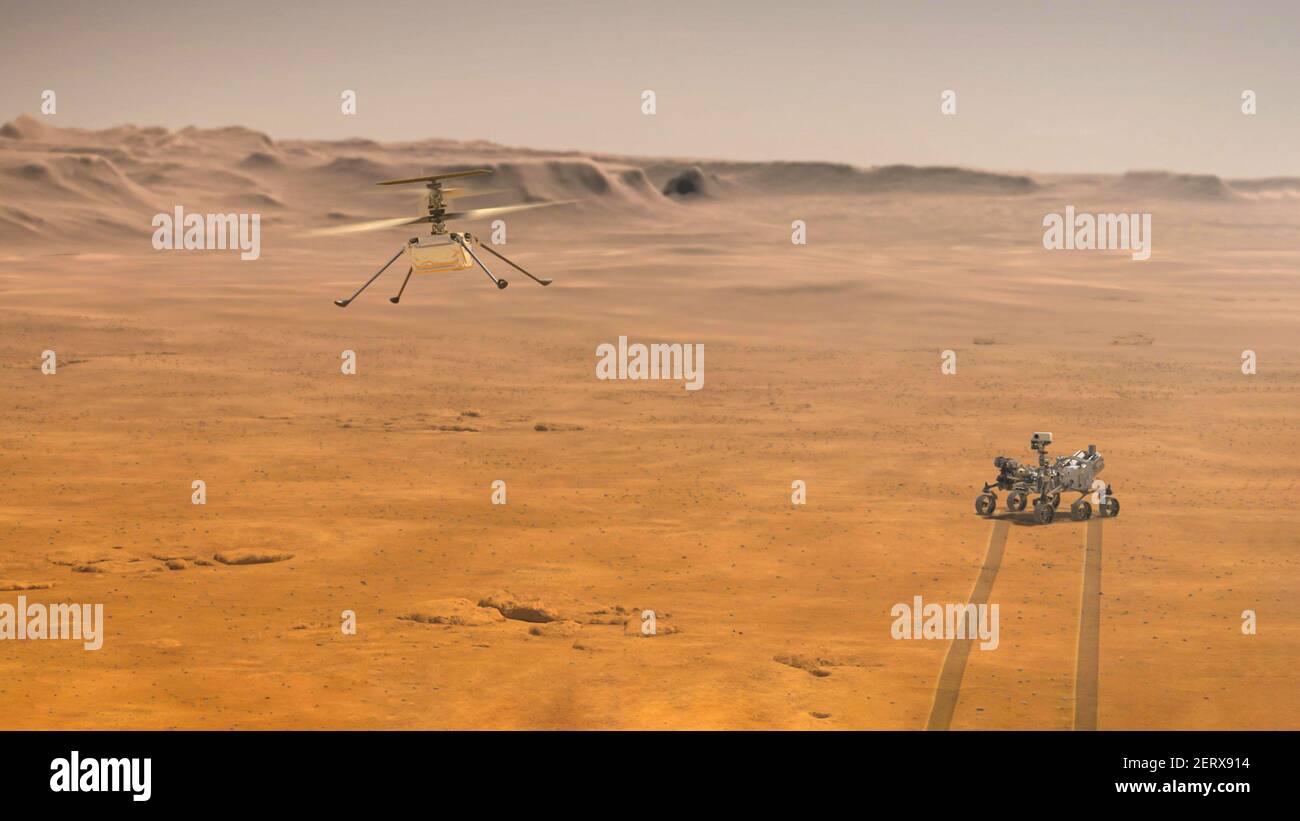 Perseveranza Rover e Ingenuity Mars Helicopter Scout.elementi di questa immagine Fornito dalla NASA illustrazione 3D Foto Stock