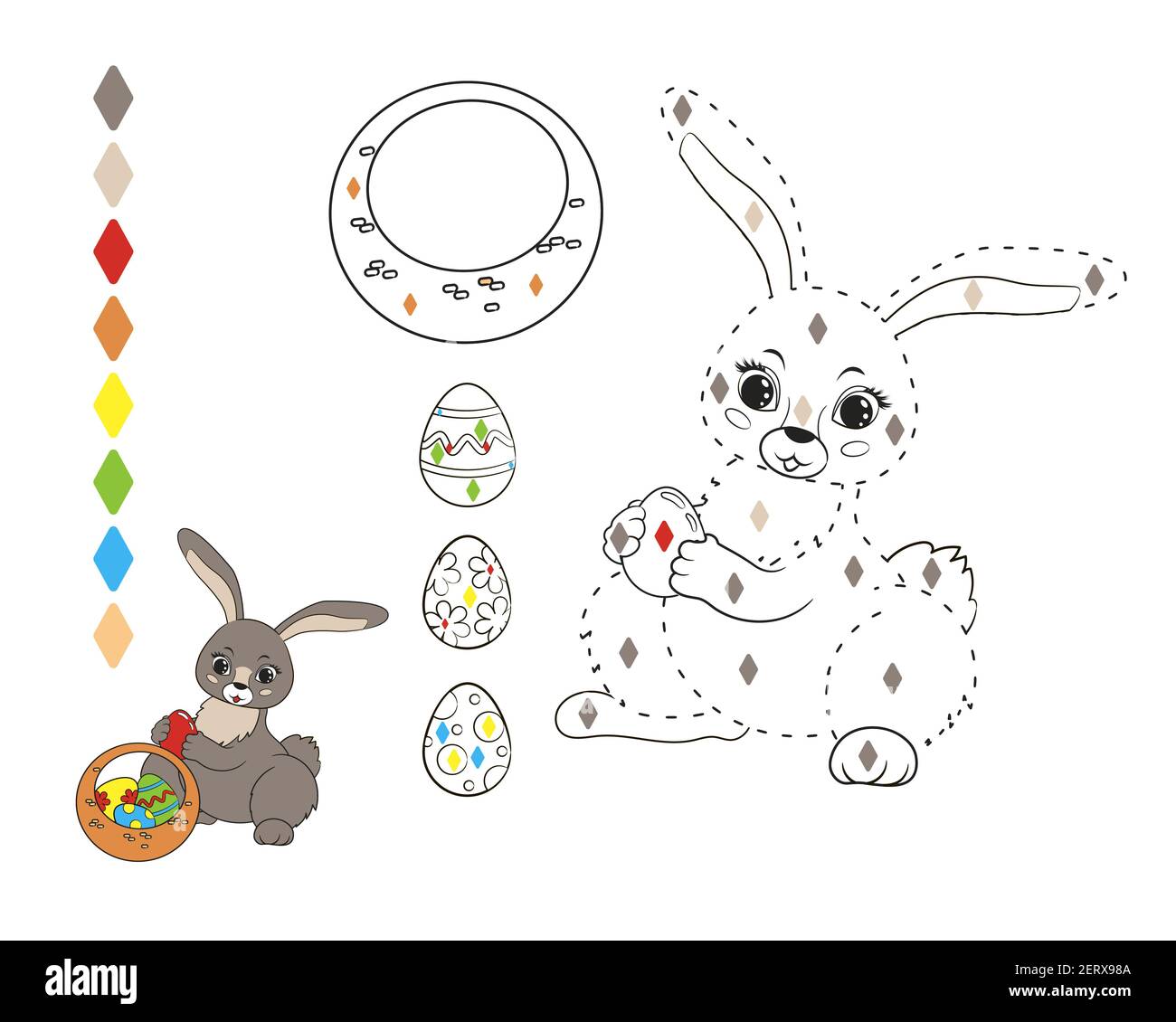 Libro da colorare gioco: Contorno punteggiato coniglietto pasquale con cestino e painted Eggs.Drawing per colore, illustrazione vettoriale in stile cartone animato isolato Illustrazione Vettoriale