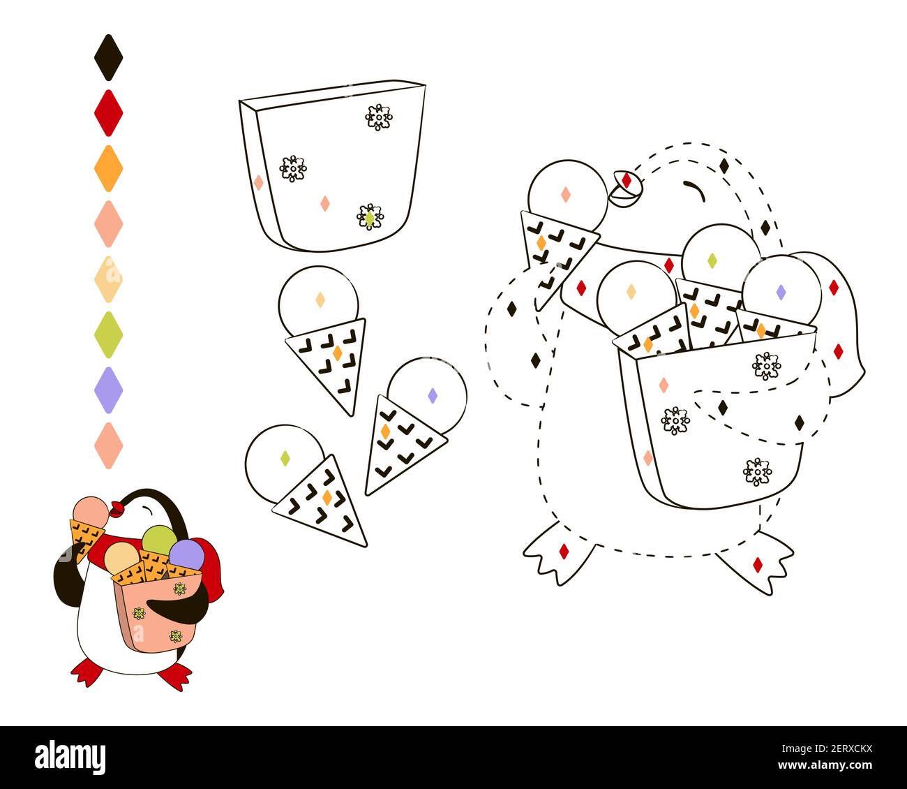 libro da colorare per bambini, pinguino con pacchetto gelato, colorazione per numeri, illustrazione vettoriale, cartone animato Illustrazione Vettoriale